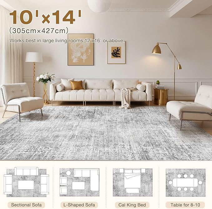 Abstract Living Room Rug 10x14 - Modern Washable Soft Thin Area Rug for Living Room Bedroom Under Dining Table - Neutral Indoor Floor Rug Carpets for Home Office Playroom Nursery - Grey White