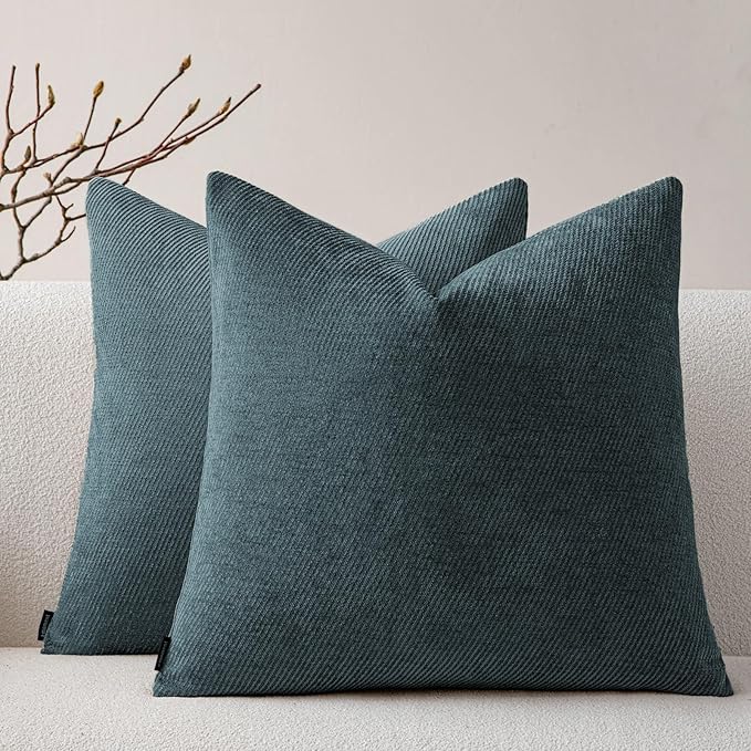 a moment Pack of 2 Decorative Chenille Throw Pillow Covers with Twill Cushion Covers for Sofa Living Room Couch Bed 18x18 Inch Dark Teal