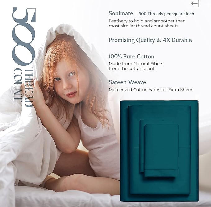 Mayfair Linen 500 Thread Count Full Cotton Sheets - 4 PC Full Size Bed Sheet Set Cotton (Teal), Soft, Cooling, Sateen Hotel-Quality 16" Deep Pocket Bedsheet for Hot Sleepers (Fits 18" Mattress)