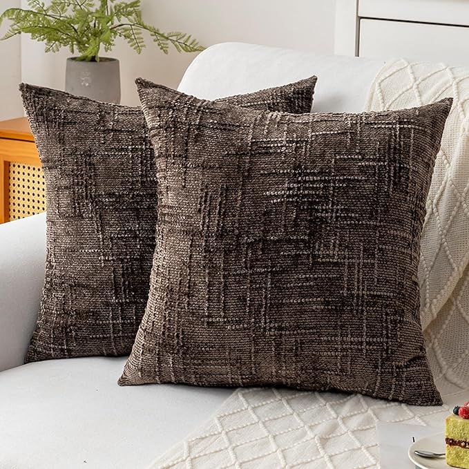 Decorative Throw Pillow Covers 22x22 Inch Set of 2, Soft Solid Farmhouse Chenille Couch Pillows, Spring Pillow Covers for Couch Sofa Bed Living Room Home Decor Pillowcase, Brown