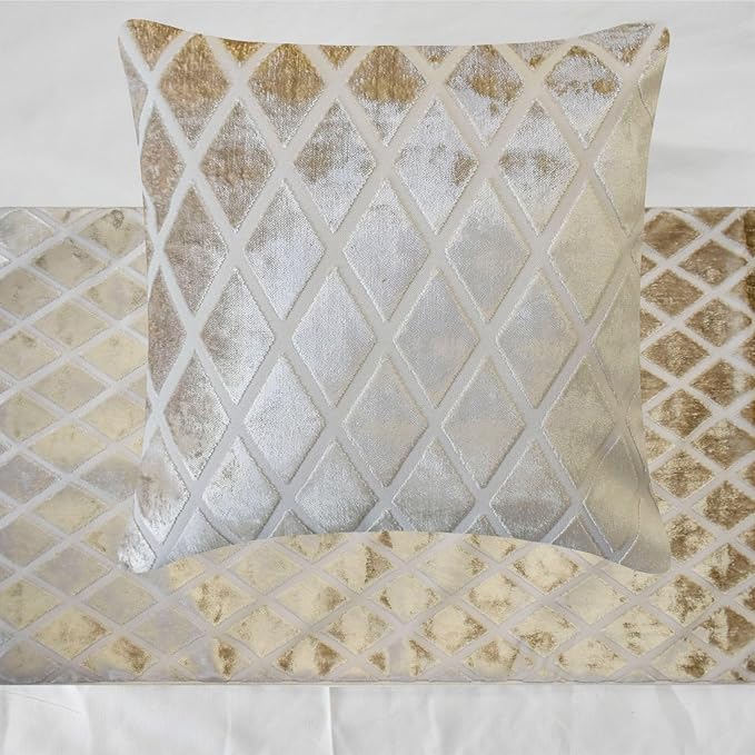 The HomeCentric King/Queen/Twin Ivory Decorative Bed Runner CA King 86"x18" With Two Pillow Covers - Diamond Pattern, Velvet Cut Scarf on Fabric - Ivory Verve