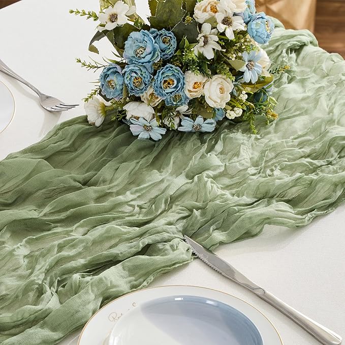 BALCONY & FALCON 2 Pack Sage Green Cheesecloth Table Runner 10FT 120 Inch Rustic & Boho Farmhouse Gauze Cheese Cloth Runners for Wedding Fall Thanksgiving Christmas Party Baby Shower Birthday Decor