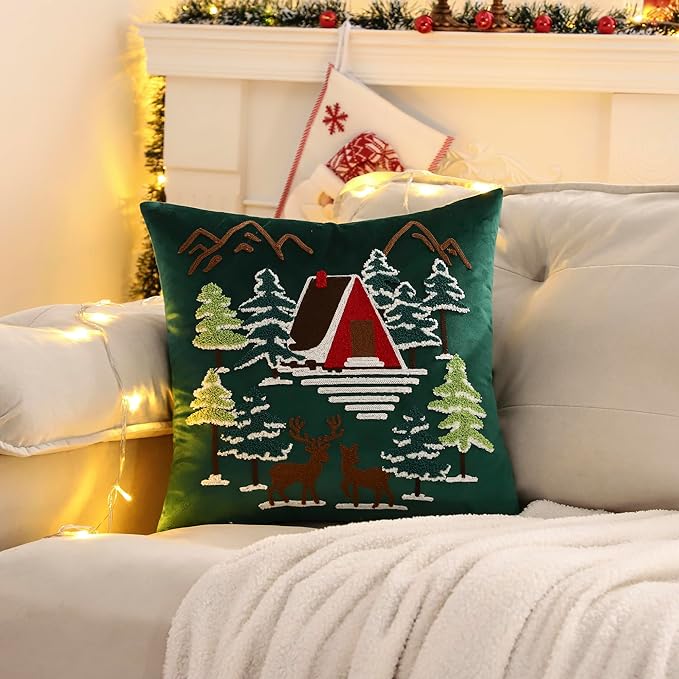 LUOYEHK Christmas Green Pillow Covers 18x18 Set of 2 House and Deer Decorative Pillow Cases Winter Holiday Velvet Embroidered Cushion Covers for Couch Sofa Bed