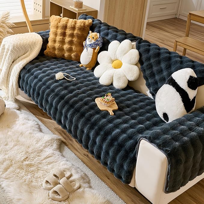 Faux Fur Couch Cover Fuzzy Soft Plush Thick Bubble Sofa Cover Luxury Sectional Couch Covers Luxury Anti-Slip Sofa Slipcover Washable Furniture Protector (Dark Grey,28"x59")