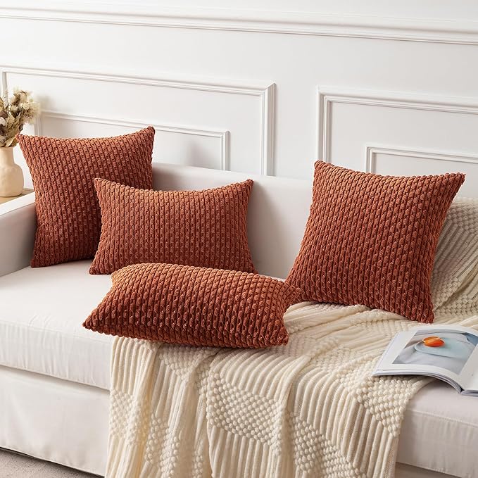 Kevin Textile Fall 14x24 Inch Pillow Cover 1 Pack Boho Decorative Soft Striped Corduroy Lumbar Farmhouse Solid Color Accent Rectangle Cushion Case for Living Room Couch Sofa Bed, Rust