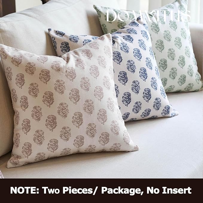 DOMVITUS Set of 2 Floral Pillow Covers 18x18, Block Print Pillow Covers Vintage Neutral Decorative Farmhouse Throw Pillow Covers for Couch Bed Living Room Light Camel