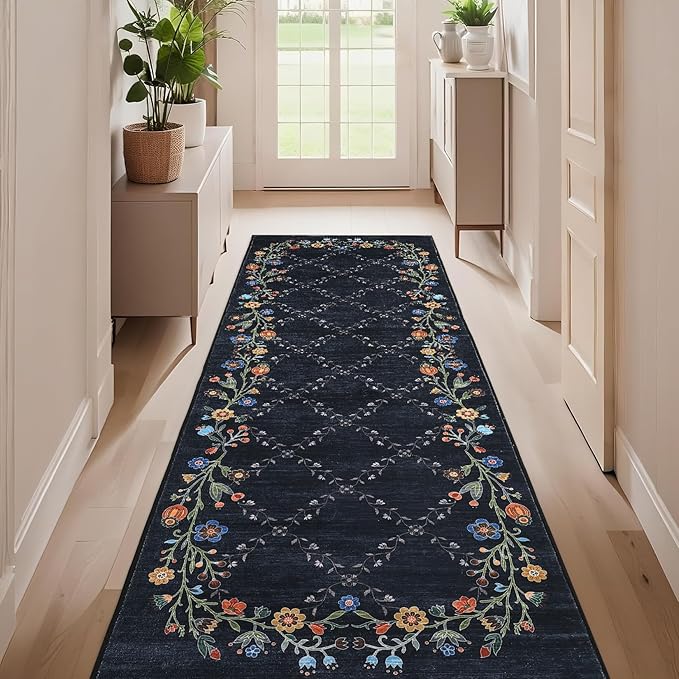 GarveeHome 2x6 Washable Floral Runner Rugs for Hallway: Modern Floral Non Slip Large Runner Rugs for Kitchen, Large Machine Washable Hallways Low Pile Carpet with Non-Slip Backing Black 2 ft x6 ft.
