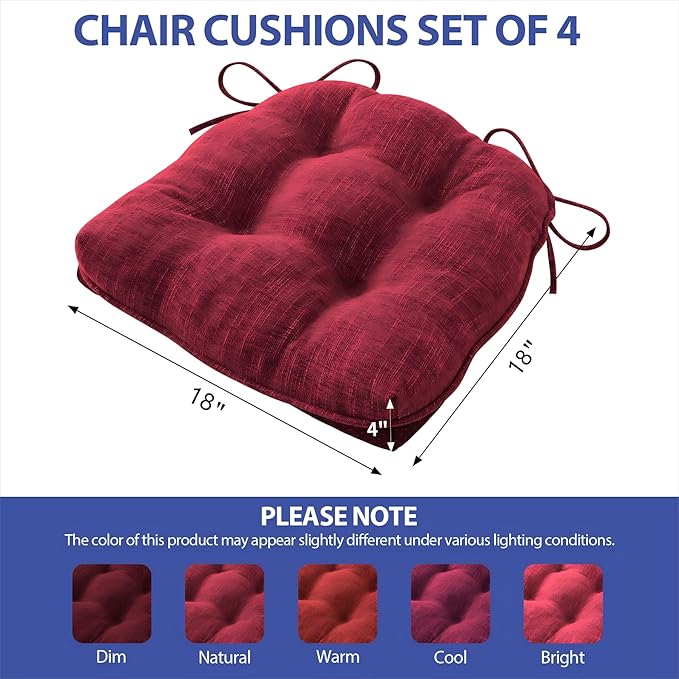 Chair Cushions for Dining Chairs Set of 4, Red Kitchen Chair Cushions, Chair Pads with Ties and Non Slip Backing, Christmas Room Decor, Tufted Memory Foam Seat Cushion 4 Pack, 15.5"x15.5"x4"