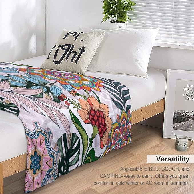 Boho Flowers Blanket for Women Girls, Rustic Bohemian Mandala Palm Leaves Plants Botanical Print Blanket for Bedroom Living Room Couch Sofa, 60"x80"