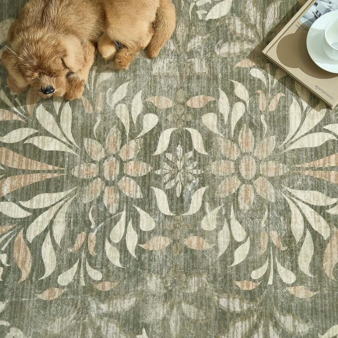 jinchan Vintage Floral Runner Rug 2x6 - Machine Washable Distressed Design Non-Slip Low-Pile Soft Thin Christmas Carpet for Hallway Kitchen Farmhouse Bedroom Entryway Laundry Room (2x6ft, Dark Green)