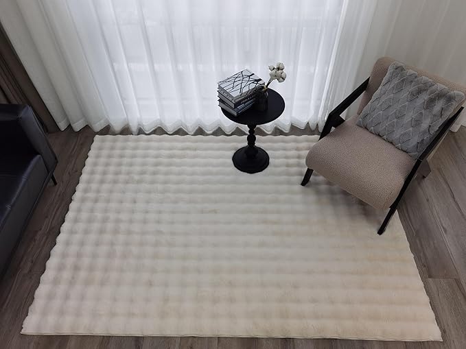GLORY RUGS Area Rugs Bubble Soft Faux Rabbit Fur Rug 5x7 Polar Beige Plush Carpet Shag Cozy Fluffy Rug Non Slip Rugs, Machine Washable Shaggy Area Rug Bedroom Living Room and Dining Room.