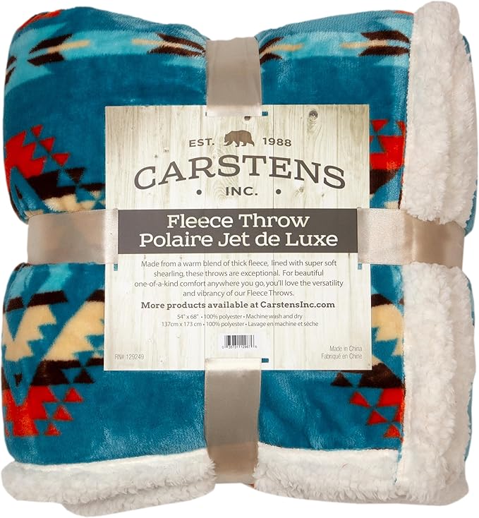 CARSTENS, INC. Ultra Premium Super Soft Plush Sherpa Fleece Oversized Throw Blanket 54" x 68", Turquoise Southwest