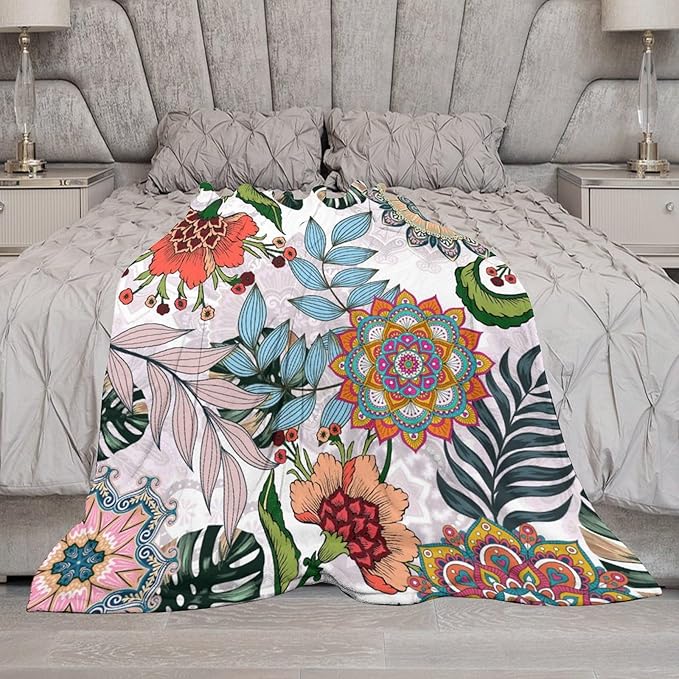 Boho Flowers Blanket for Women Girls, Rustic Bohemian Mandala Palm Leaves Plants Botanical Print Blanket for Bedroom Living Room Couch Sofa, 40"x50"