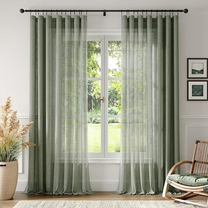 Anmao Natural Linen Curtains for Living Room 80 Inch Length 2 Panels Set, Light Filtering Semi Sheer Window Curtain Drapes for Bedroom with Curtain Rings and Clips, 52Wx80L, Olive Green