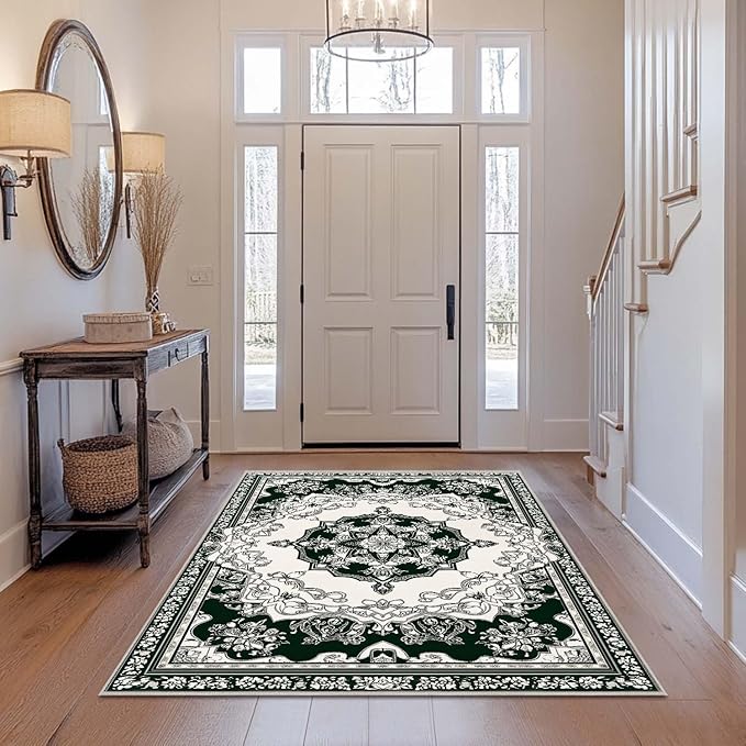 4x6 Traditional Oriental Area Rug Black White Dark Green Rug Non Slip Low Pile Large Carpet for Home Kitchen Living Room Bedroom Dining Room Office