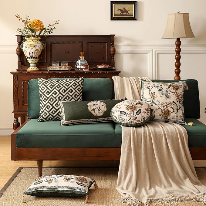 ISAENNE Design Linen Chinoiserie Lumbar Throw Pillow Covers 12"x28", Farmhouse Cushion Covers with Yellow Floral Birds Pattern Decoration Pillowcases for Bed,Living Room,Outdoor,Car