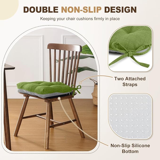 downluxe Indoor Chair Cushions for Dining Chairs, Tufted Overstuffed Textured Foam Kitchen Chair Pads with Ties and Non-Slip Backing, 15.5" x 15.5" x 4", Grass Green, 4 Pack