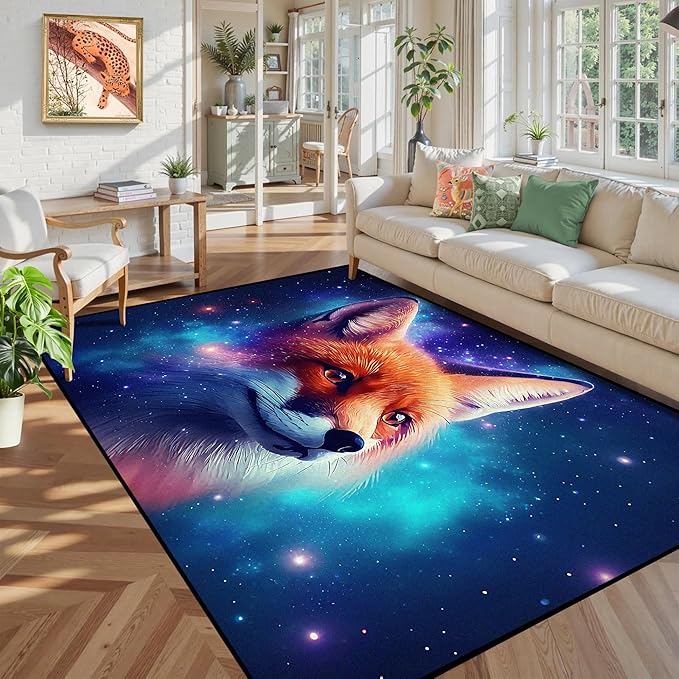 5' X 7' Galaxy Fox Rug 3D Cute Foxes Area Rugs for Bedroom Living Room Playroom Boys Kids Cartoon Colorful Carpet Glitter Stars Throw Rugs Floor Mat