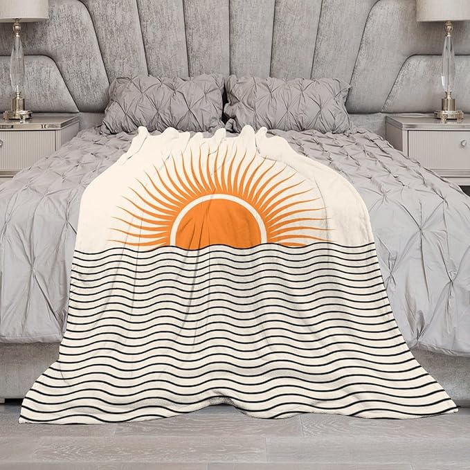 Abstract Sunset Throw Blanket, Boho Mid Century Geometric Minimalist Aesthetic Wave Sunrise Soft Warm Blankets for Couch Bedroom Sofa Office, 50"x60"