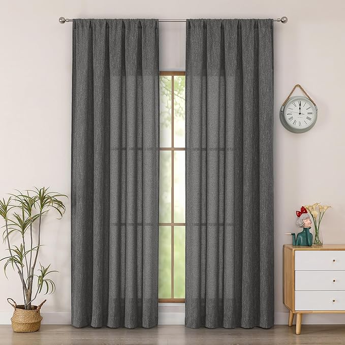 Simplebrand Grey Semi Sheer Faux Linen Textured Curtains 84 Inches Long 2 Panels, Light Filtering Farmhouse Bedroom Curtains, Farmhouse Rod Pocket Soft Thick Window Drapes for Living Room, 50Wx84L