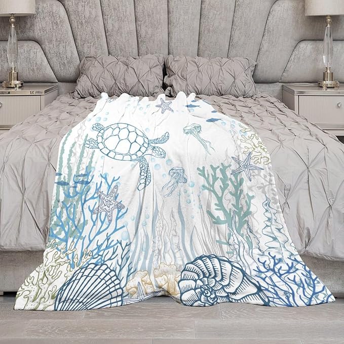 Nautical Turtle Throw Blanket, Coastal Sea Ocean Theme Coral Starfish Seashell Jellyfish Undersea Life Fleece Blanket for Summer Home Bed Sofa Couch Chair, 50"x60"