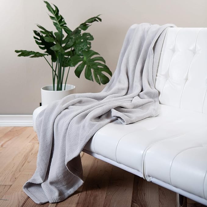 Sticky Toffee Cotton Throw Blanket 60x50 in – Light Gray Woven Lightweight Blanket for Couch or Bed, Soft Herringbone Weave, Boho Farmhouse Style