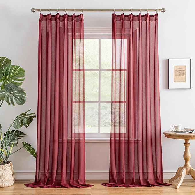 MAIHER 132 Inch Length Pinch Pleat Curtains 11ft Tall for High Ceiling Living Room Extra Long Sheer Curtains Light Filtering Pleated Drapes with Adjustable Hooks, Burgundy, 42" W x 132" L, 2 Panels