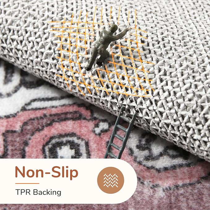 OPPODREAM Thin Area Rugs 9x12 Living Room, Washable Rugs 9x12 with Non Slip Backing, Faux Cashmere Low-Pile 9 x 12 Carpet, Pink & Cream