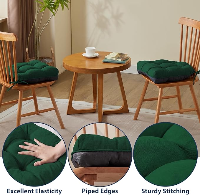 Chair Cushions for Dining Chairs, Seat Cushions for Kitchen Chairs, Indoor Seat Cushions with Ties, Tufted Foam Chair Pads, Non Slip Chair Cushions Set of 4, 15.5" x 15.5" x 4", Dark Green
