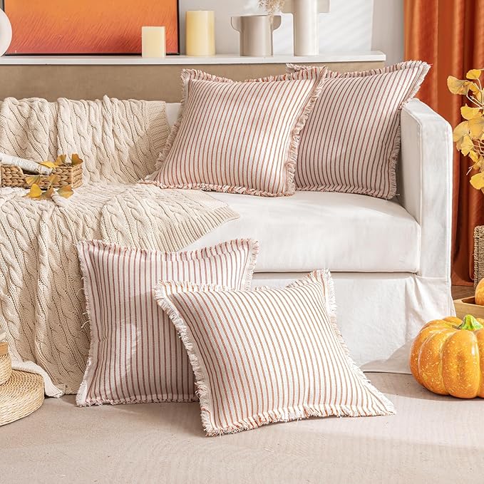 MIULEE Pack of 2 Orange Pillow Covers 18x18 Inch Striped Farmhouse Couch Throw Pillow Covers with Fringe Chic Linen Decorative Cushion Covers for Halloween Sofa Living Room Bed Outdoor Home Decor