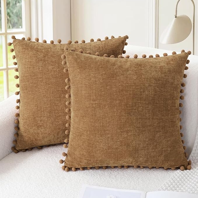 CaliTime Throw Pillow Covers Decorative 20 X 20 Inches Pack of 2 Cozy Solid Dyed Soft Chenille Cushion Cases with Pom Poms for Couch Sofa Bed Living Room Home Apricot Brown