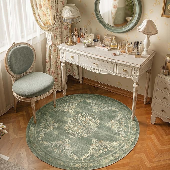 jinchan Round Rug 5ft Area Rugs Vintage Floral Distressed Design Machine Washable Soft Non-Slip Low-Pile Ultra-Thin Christmas Circle Rug for Entryway Living Room Dining Room (5' Round, Dark Green)