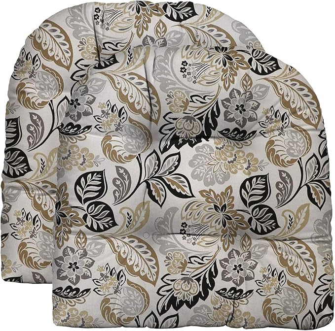 RSH DECOR: Tufted U-Shape Wicker Seat Cushions Set of 2 | 19” x 19” | All-Weather Spun Fabric | Water-Resistant | Outdoor Chair Cushions for Patio Furniture | Dailey Pewter Grey Scroll