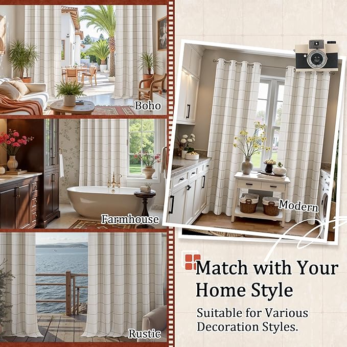 Brown Plaid Linen Blackout Curtains for Bedroom - Boho Style Curtains Thermal Insulated, Pattern Printed Rustic Drapes Cottage Window Treatments for Farmhouse, 52x63 Inch 2 Panels