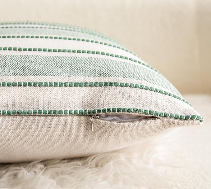 Decorative Boho Lumbar Throw Pillow Covers, Farmhouse Textured Pillow Case, 12 x 20 Inch Set of 2, Chair Sofa Bedroom Living Room Home Decor Couch Cushion Case, Green and Beige