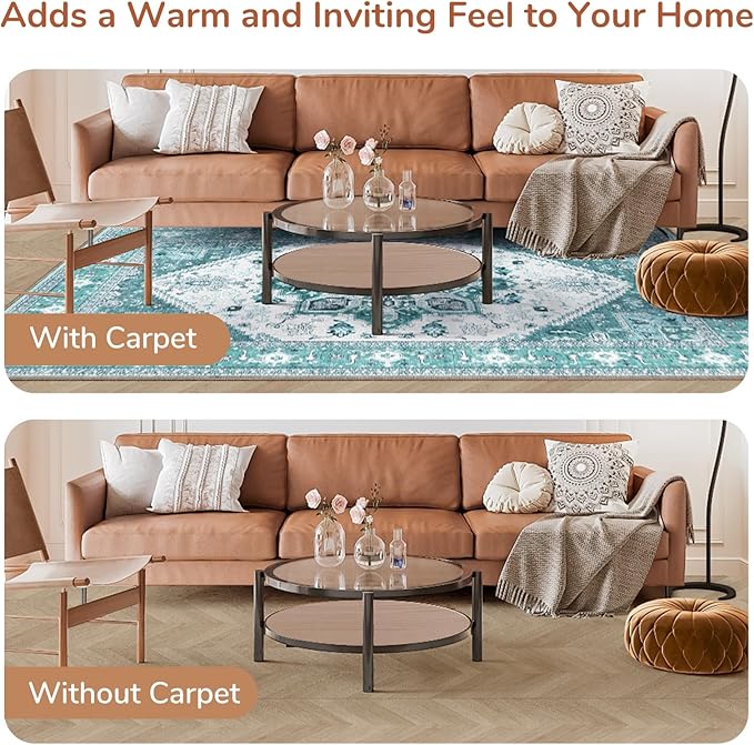 OPPODREAM Thin Area Rugs 4x6, Low-Pile Washable Rugs 4x6 with Non Slip Backing, Faux Cashmere 4 x 6 Throw Carpet, Teal & Turquoise & Cream