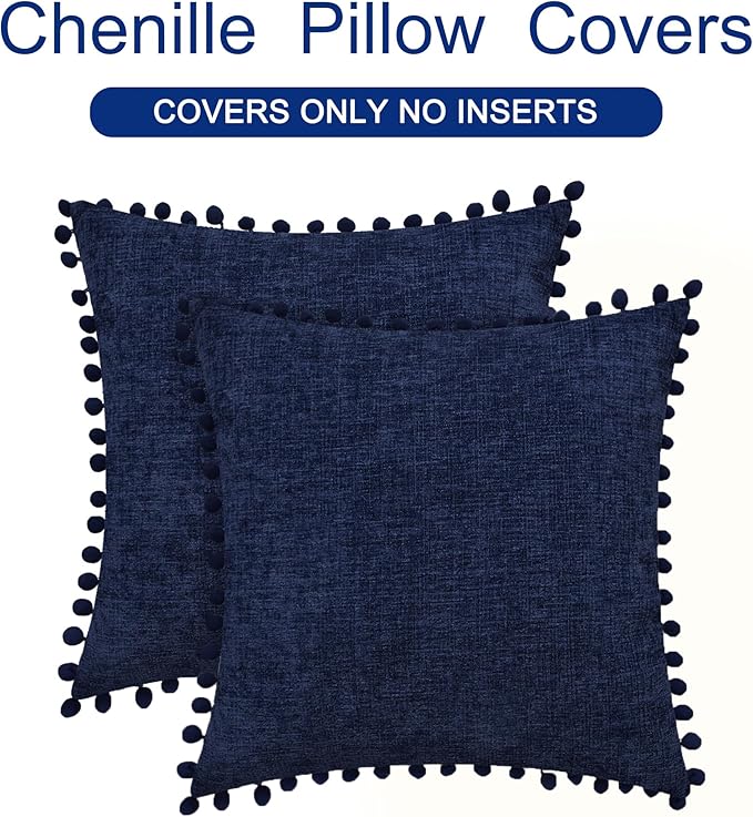 CaliTime Throw Pillow Covers Decorative 20 X 20 Inches Pack of 2 Cozy Solid Dyed Soft Chenille Cushion Cases with Pom Poms for Couch Sofa Bed Living Room Home Navy Blue