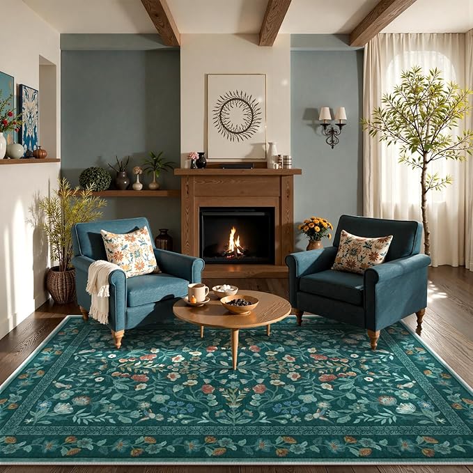Lahome Floral Washable Rugs 9x12, Non-Slip Untra-Thin Soft Living Room Area Rugs, Vintage Botanical Print Low-Pile Carpet for Bedroom Dining Room Office, Dark Green