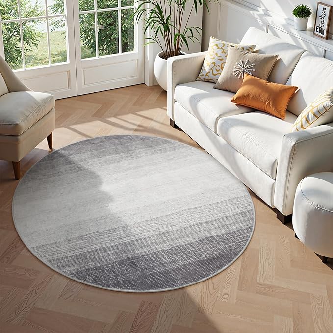 Wonnitar Modern Ombre Washable Round Area Rug 5ft, Grey Round Rugs for Living Room, Non-Slip Large Circle Bathroom Throw Mat, Stain Resistant Low Pile Throw Carpet for Bedroom (Grey, Round 5ft)