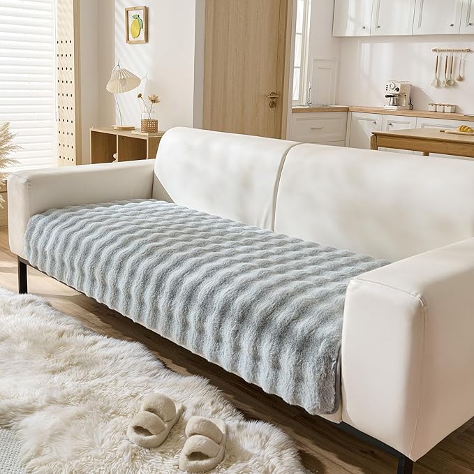 Faux Fur Couch Cover Fuzzy Soft Plush Thick Bubble Sofa Cover Luxury Sectional Couch Covers Luxury Anti-Slip Sofa Slipcover Washable Furniture Protector (Light Grey,36"x47")