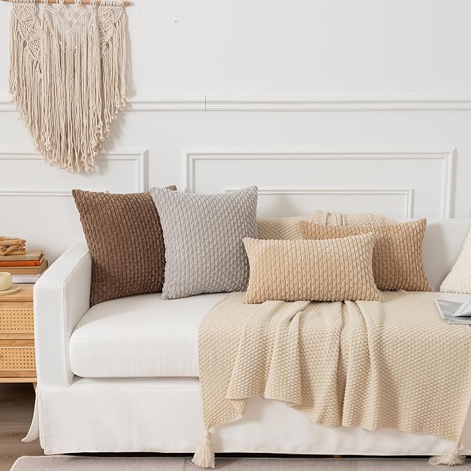 Kevin Textile 14x24 Inch Pillow Cover 1 Pack Boho Decorative Soft Striped Corduroy Lumbar Farmhouse Solid Color Accent Rectangle Cushion Case for Living Room Couch Sofa Bed, Beige