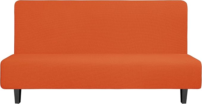 Easy-Going Stretch Futon Slipcover Armless Futon Bed Cover Furniture Protector Without Armrests with Elastic Bottom for Kids, Soft Jacquard Fabric Small Checks (Large, Orange)