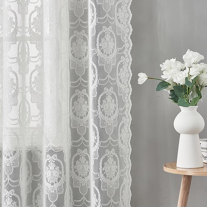 Bright White Vintage Country Floral Lace Sheer Curtains 84 Inches Long -Rod Pocket Light Filtering French Privacy Scalloped Edges Rod Pocket Boho Bedroom ，52 x 84 Inch, 2 Panels
