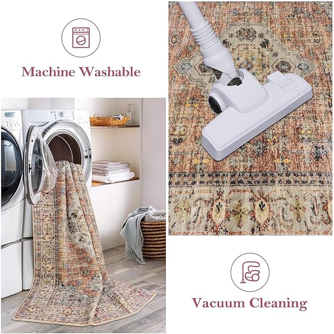 Lahome Oriental Small Area Rug, 2x4 Soft Washable Rugs for Entryway Kitchen, Non-Slip Ultra-Thin Fall Indoor Door Mat Distressed Vintage Small Carpet for Bathroom Bedroom, Peach/Orange