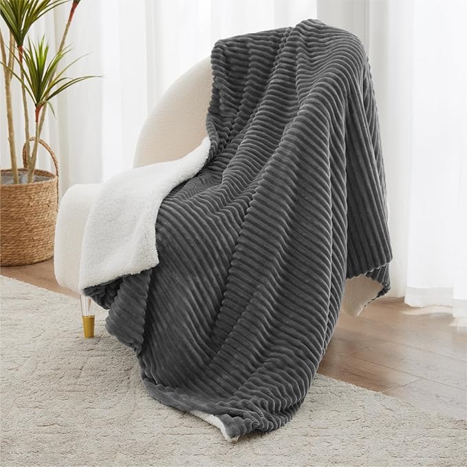 Sherpa Blanket Throw - Soft Cozy Fleece, Warm for Winter, Reversible for Sofa, Grey, 50 x 60 Inches