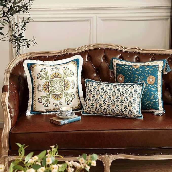 patdrea Designer Square Throw Pillow Covers Set of 2,French Vintage Blue Farmhouse Linen Floral Pattern Pillow Cover,Decorative Pillowcases Cushion for Bed Living Room Outdoor Car,18"x18"