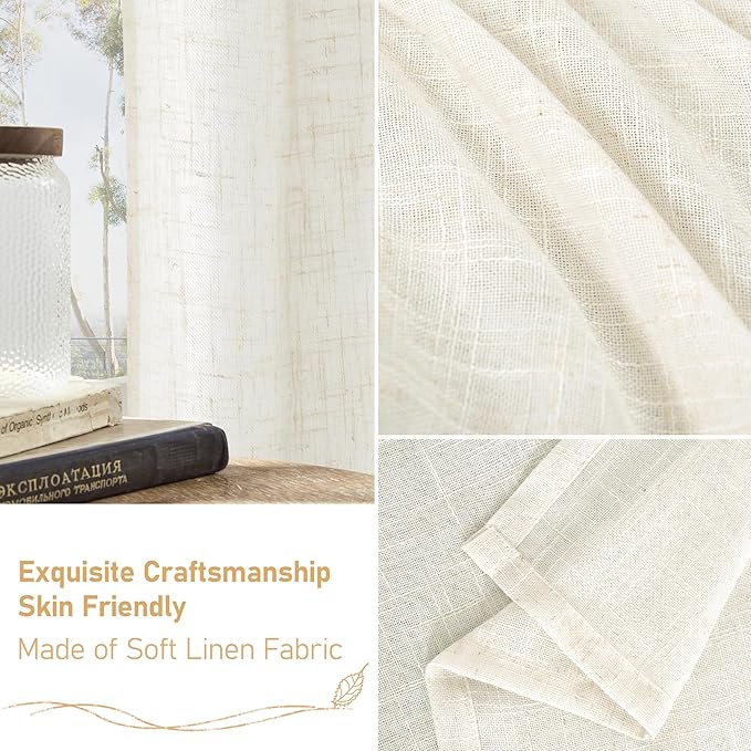 LAMIT Cream Linen Semi Sheer Curtains 63 Inch for Bedroom, Light Filtering Neutral Window Curtains Farmhouse Boho Back Tab and Rod Pocket Panels, 2 Panels, 38 x 63 Inch