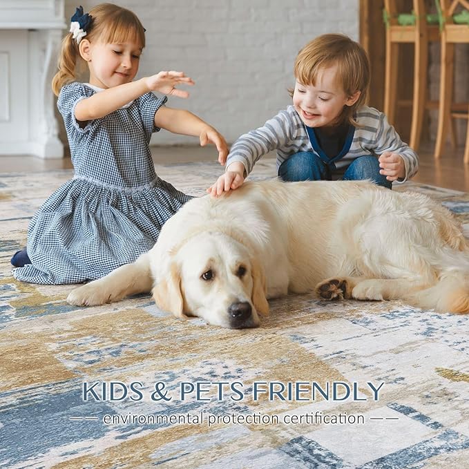 Abstract Living Room Rug 10x12 - Modern Washable Soft Thin Area Rug for Living Room Bedroom Under Dining Table - Neutral Indoor Floor Rug Carpets for Home Office Playroom Nursery - Blue Gold