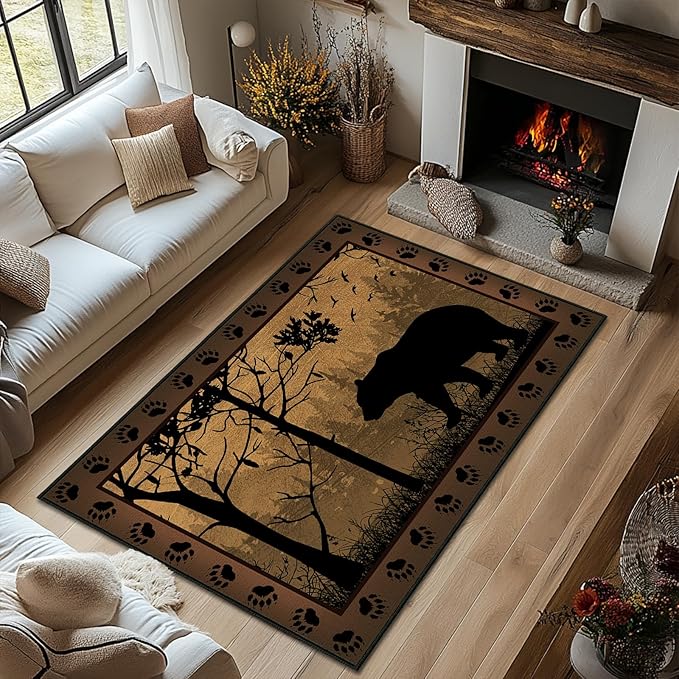 Rustic Area Rug 5x7,Bear Country Cabin Wildlife,Brown Rugs for Living Room,Ultra-Thin Washable Throw Carpet Indoor Vintage Rugs Non Slip Accent Floor Mats for Bedroom,Dining Room,Laundry Room,Office