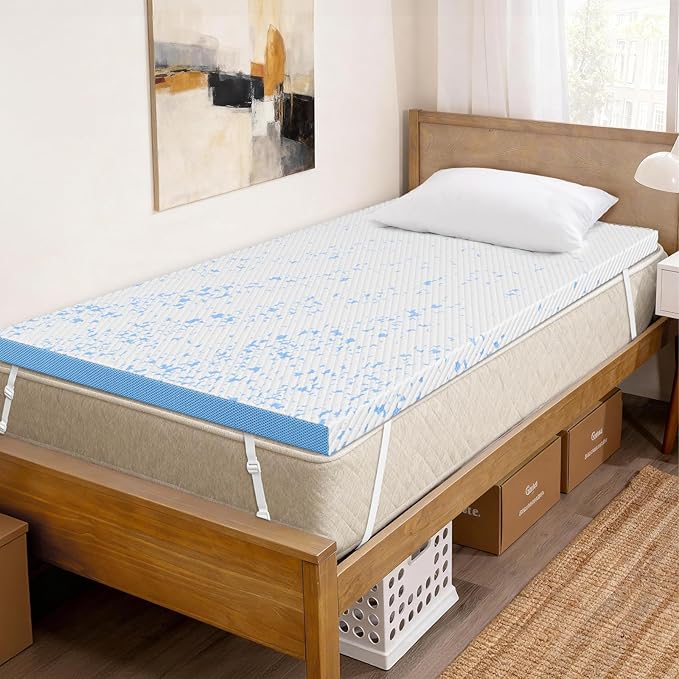 OhGeni 4 Inch Cooling Twin XL Gel Memory Foam Mattress Topper Pad,Washable Bed Cover with Anti-Slip Base,Zipper & Straps,Extra Comfort & Back Pain Relief, Medium Feel,College Dorm Room Essential